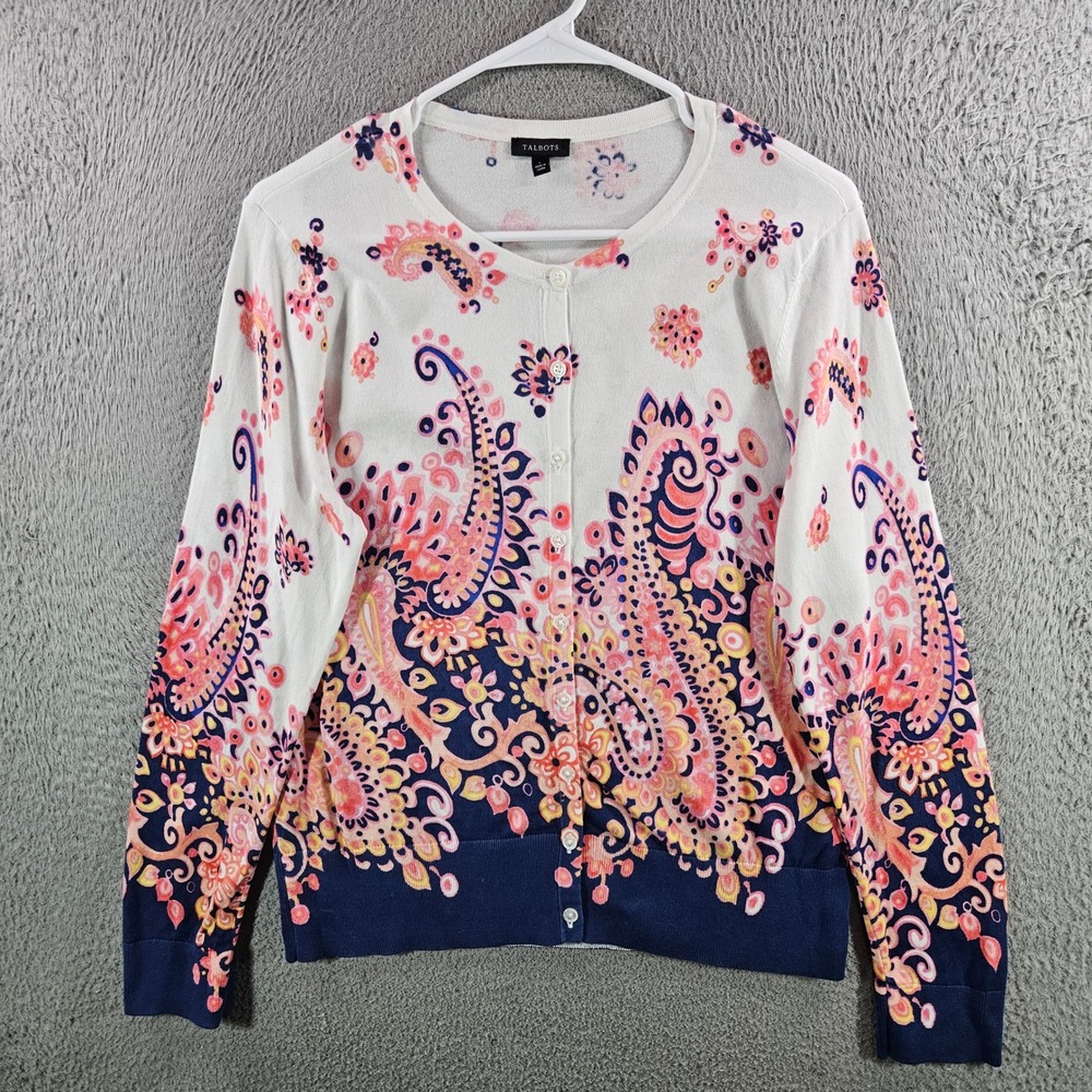 Talbots Paisley Cardigan Sweater Womens Large Pink Navy Blue Cotton Rayon Knit